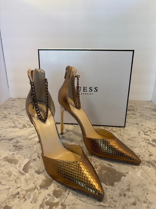 Guess Shoes - EUC Guess Women’s Stefany Heels Bronze Snake Print Chain Link Ankle 10 M